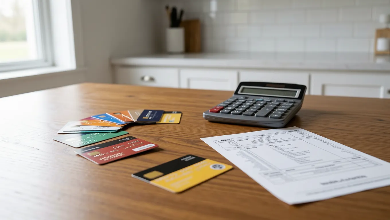 Credit cards and a calculator on a wooden table representing debt management