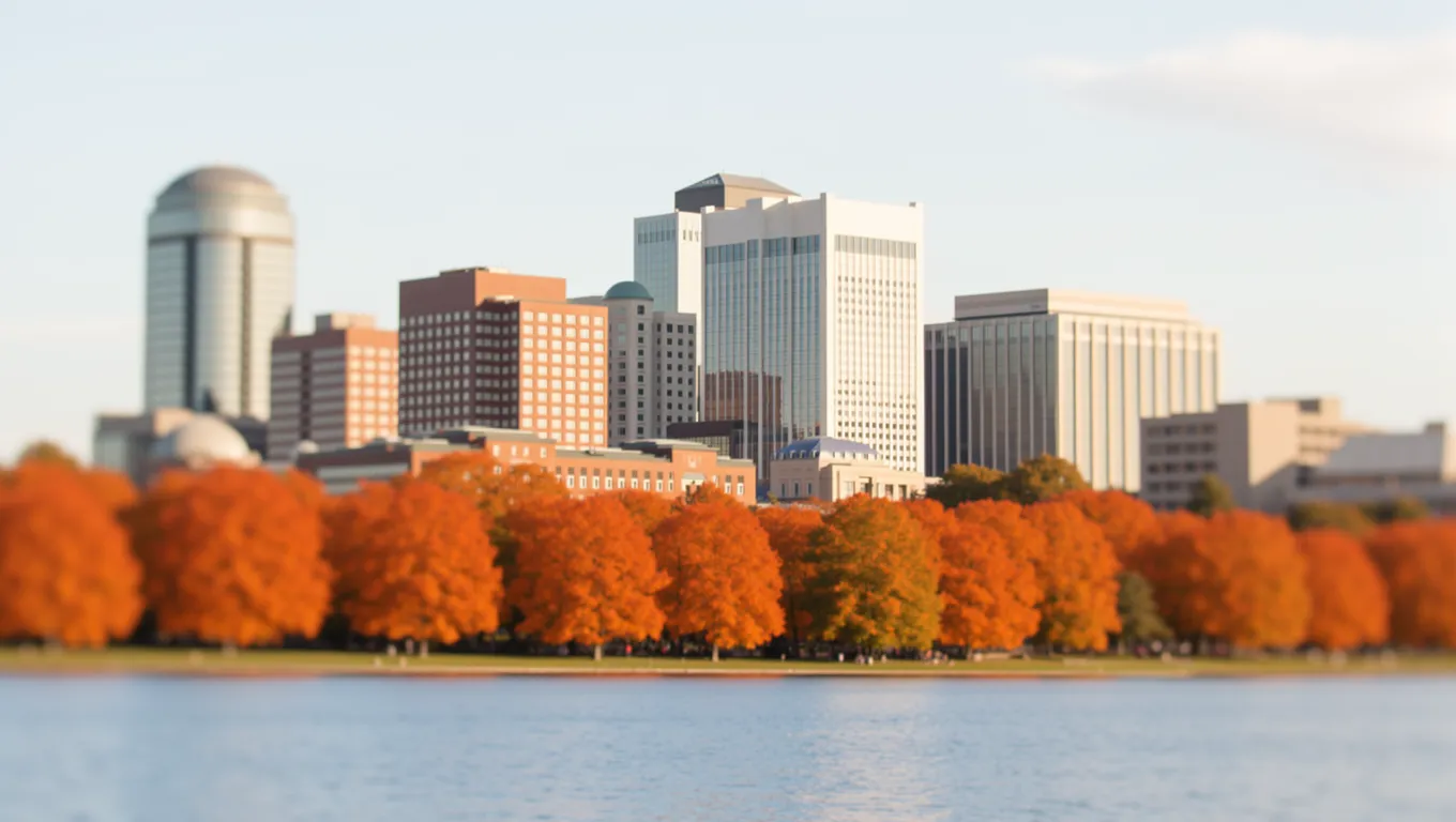 The Madison Wisconsin skyline under a clear autumn sky