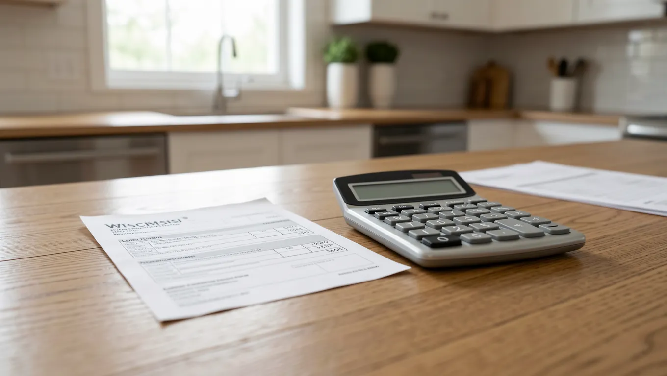 Wisconsin paycheck and calculator on a wooden table