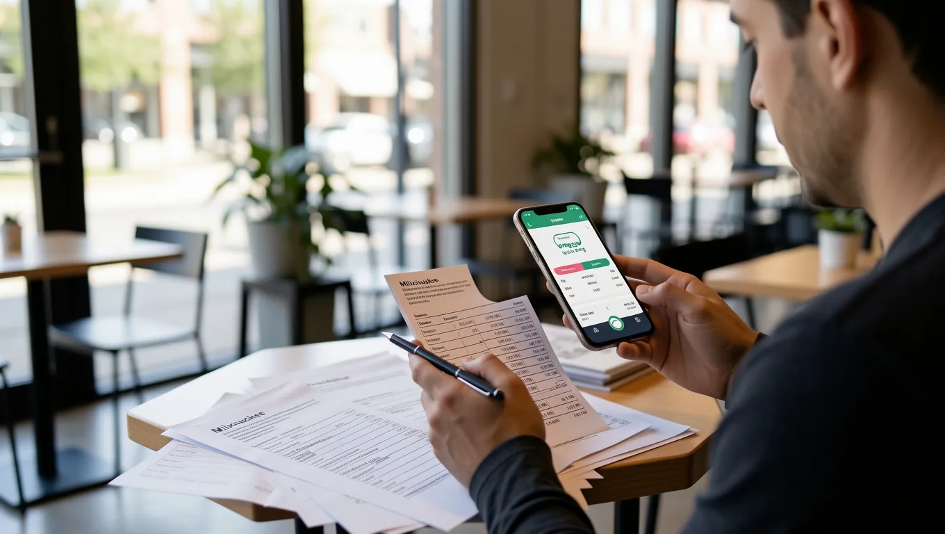Person reviewing financial documents in a cafe