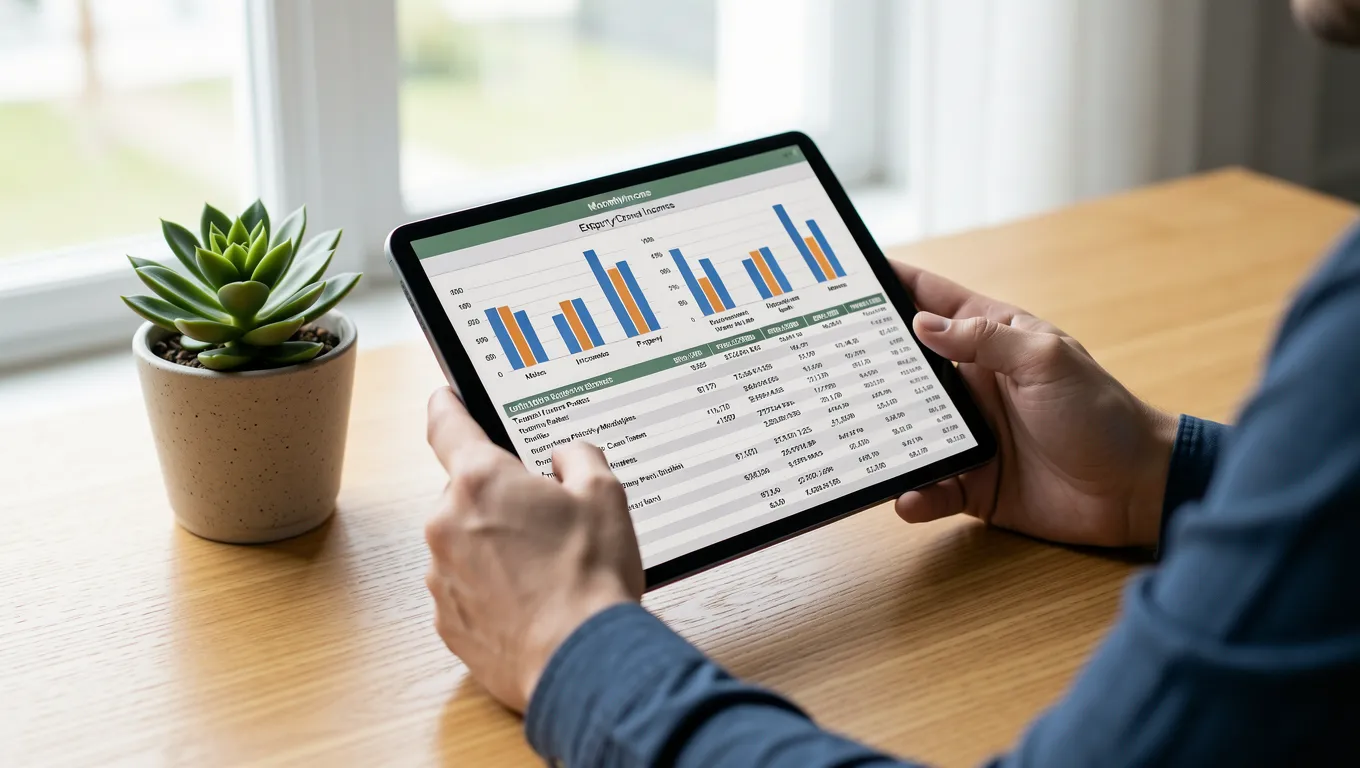 Person reviewing a financial budget spreadsheet on a digital tablet