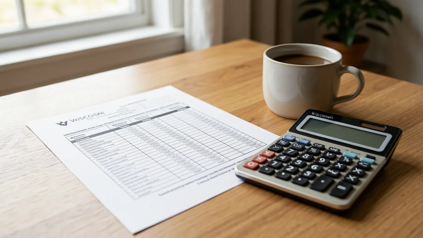 Wisconsin state tax documents and a calculator on a desk