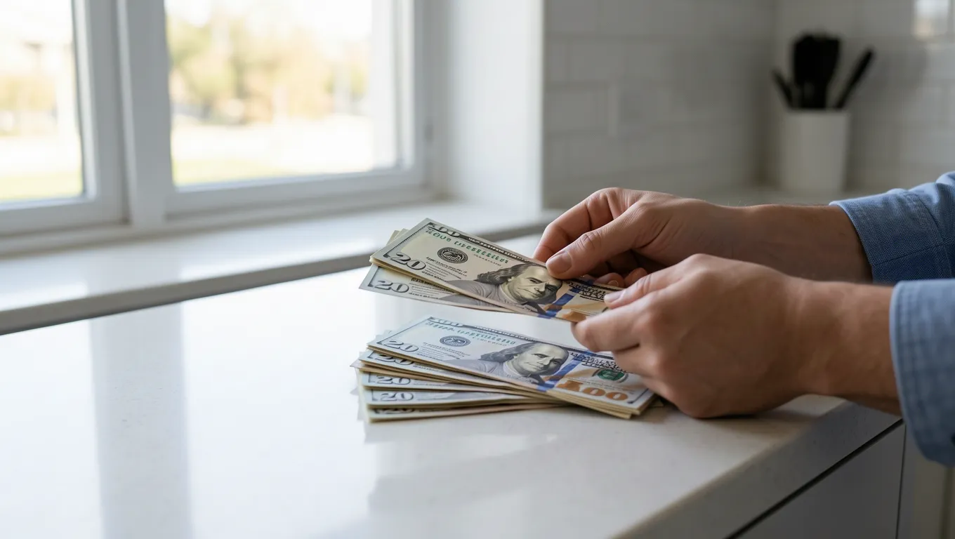 Hands counting cash from a tax refund check